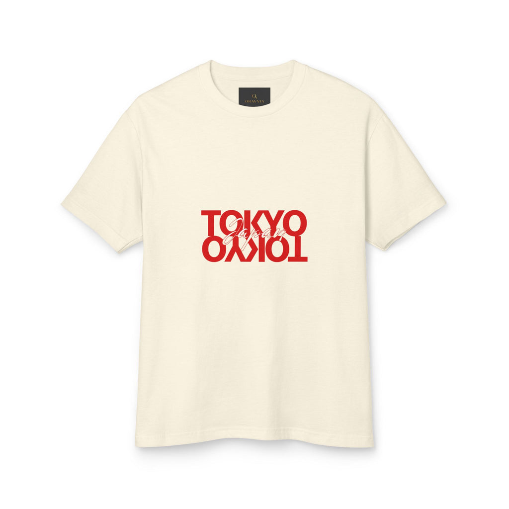 Tokyo Mirror Tee — Cream Cotton T-Shirt with Red Reversed 'TOKYO' Design